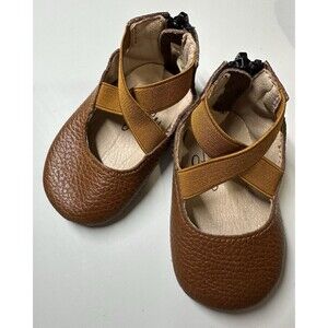 Monkey Feet Zip Up Stretch Strap Ballet Flats‎ Baby Girl Size 3-6m Brown Leather